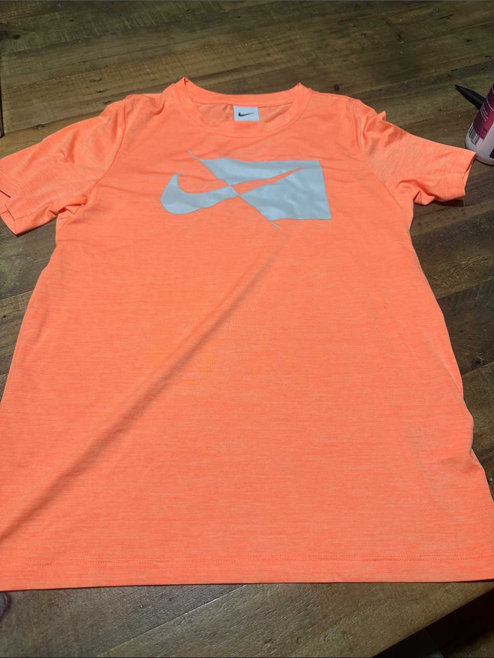 Nike Neon Orange dryfit Logo Tee with White Swoosh. Boys Size Large